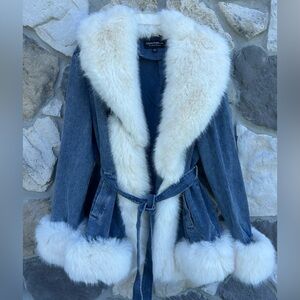 Coalition LA Penny Lane Coat Sz L Denim White Faux Fur Y2K City Chic Gossip Girl